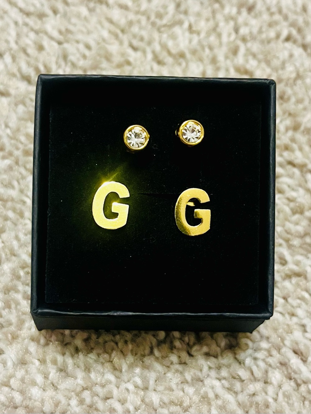 Gold Letter G Stud Earrings with Crystal Accent - Women Jewelry